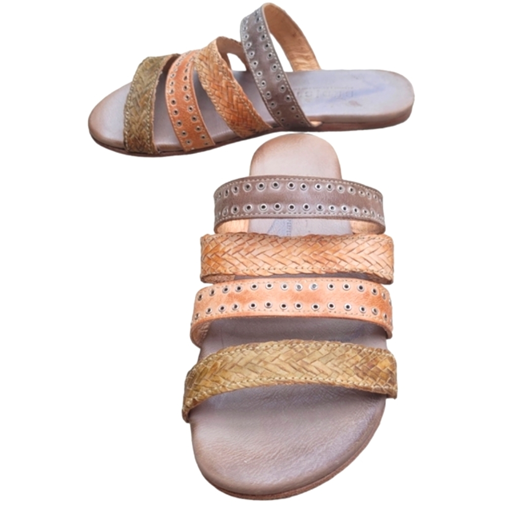 Bed Stu Braided & Eyelet Multi-Strap Leather Slide Sandals — Tan, Orange, Gold